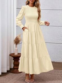 Women's Long Sleeve Maxi Dresses Fall Casual Smocked Trim Neck Swiss Dot Tiered Flowy Wedding Guest Dress - 杏色 - 查看 2