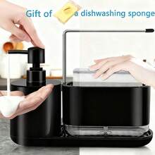 (Comes With A Complimentary Dishwashing Sponge) Kitchen Soap Dispenser Set, Kitchen Sink Soap Dispenser, Dishwashing Liquid Dispenser With Sponge Holder, Cloth Holder, And Tray, 4-In-1 Kitchen Sink Countertop Organizer, Practical Kitchen Tool. - Black - View 1