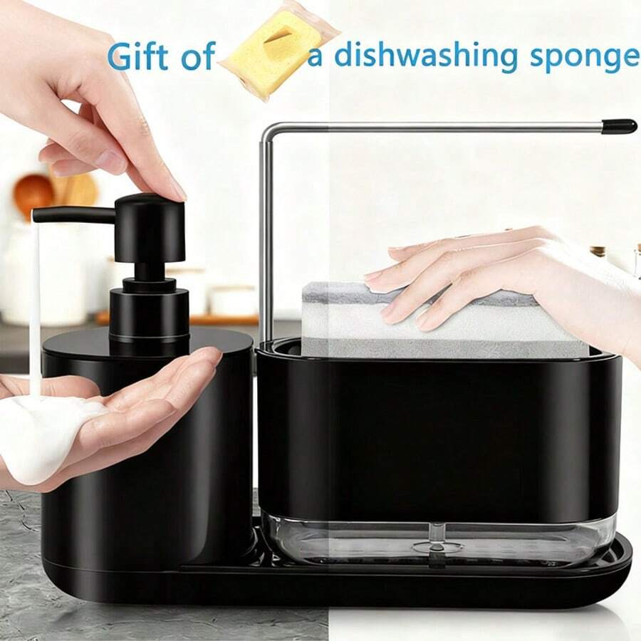 (Comes With A Complimentary Dishwashing Sponge) Kitchen Soap Dispenser Set, Kitchen Sink Soap Dispenser, Dishwashing Liquid Dispenser With Sponge Holder, Cloth Holder, And Tray, 4-In-1 Kitchen Sink Countertop Organizer, Practical Kitchen Tool. - Black - View 1