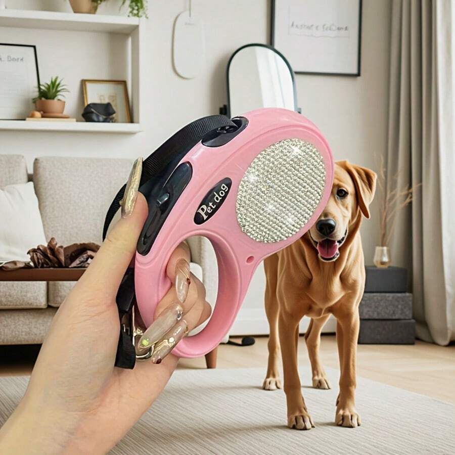 1pc Elegant Rhinestone Studded Pink Retractable Dog Leash, 10ft Durable Pet Lead With Ergonomic Handle And Keychain Clip, Outdoor Walking Rhinestone Dog Leash, Fashionable & Portable Pet Leash For Travel, Birthday Party, Holiday Gift, Decorative Artwork, Halloween, Thanksgiving, Christmas