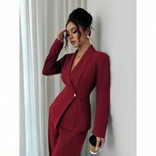 Women's Elegant Lapel V-Neck Long Sleeve Unique Design Waist Belt Buttoned High-End Blazer Jacket And Straight Wide-Leg Pants Two Pieces Suit, Suitable For Work Commute In Autumn - Màu Đỏ Sâu - Xem 5
