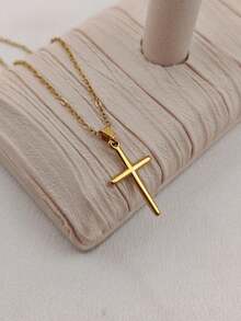 1pc Elegant Cross Necklace, Gold-Tone Cross Pendant Necklace, Everyday Necklace, Chic Casual Cross Jewelry, Waterproof Gold-Plated Stainless Steel Jewelry, Prayer Necklace, Jewelry Gift For Her