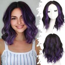 DDBlack Mix Purple Short Wavy Wig For Women Lace Hairline Bob Style Synthetic Heat Resistant - Natural Appearance For Everyday Hairstyle 14 Inch - ĐenTrộnMàu Tím - Xem 2