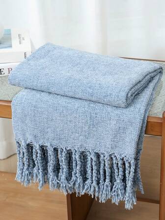 1 pieza Manta de sofá rectangular de cuadros bicolor tejida, manta de flecos de poliéster informal adecuada para la siesta en la oficina, uso diario