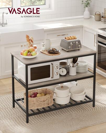 VASAGLE Kitchen Shelf with Large Worktop, 3-Tier Microwave Shelf, Steel Frame, 60 x 120 x 90 cm, Industrial, Easy Assembly