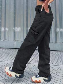 Jeans cargo negro casual y estilizante con estampado minimalista de la Torre Eiffel para mujer, primavera - Negro - Ver 4