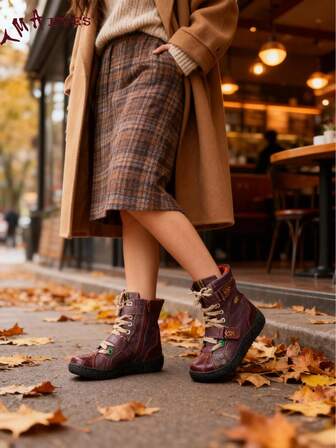  1 双 TMA EYES 女式加大码手工红色短靴，纯色哥特式 Y2K 朋克风格系带，舒适保暖户外防滑耐用侧拉链踝靴，秋冬