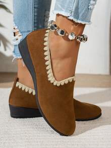 Mocasines de tacón bajo con ribete de punto para mujeres, de punta redonda, con suela suave, cómodos y casuales