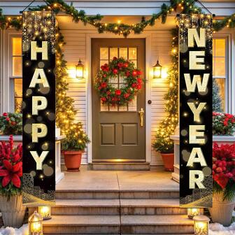 2 件豪华黑金色新年横幅，30x180 厘米，节日闪亮风格涤纶矩形横幅，带有闪亮的金色“HAPPY”和“NEW YEAR”文字、闪闪发光的金点和城市夜景细节，适用于除夕派对装饰、家居新年装饰和新年庆祝活动