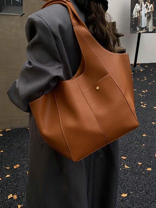 1pc Brown Litchi Grain Large Capacity Tote Bag, Versatile Shoulder Bag Suitable For Women, Shopping, Work Commute, Daily Use