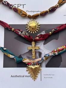 1 件时尚十字架、向日葵、心形不锈钢 18K 镀金吊坠小众优雅围巾项链女士 - 彩色 - 查看 3