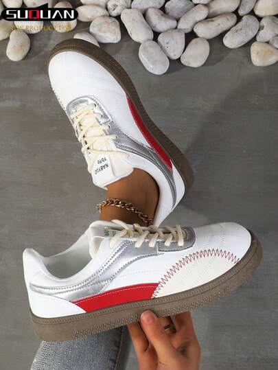 1 双女式白色运动鞋，时尚休闲系带平底鞋，百搭，适合学校、学生、春秋季，舒适户外滑板、跑步鞋，适合健身房