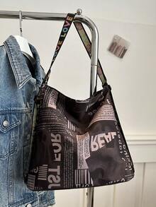 Bolso de mano de estilo retro y casual con estampado de letras en graffiti de poliéster, bolso de hombro minimalista de gran capacidad, adecuado para compras, calle, viajes y uso diario de mujeres