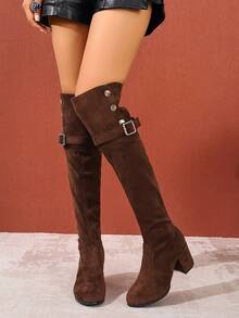 女士过膝长靴，粗跟，保暖，搭扣闭合，圆头，高跟，有弹性，适合秋冬季