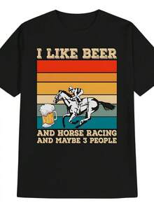 Camiseta gráfica de cerveza de carreras de caballos vintage para hombres. Cuello redondo casual.% poliéster. Ligera elasticidad. Camiseta negra de verano con patrón de alfabeto. Ajuste Regular. Diseño de Humor Oscuro Inspirado en Anime Y2K - Negro - Ver 6