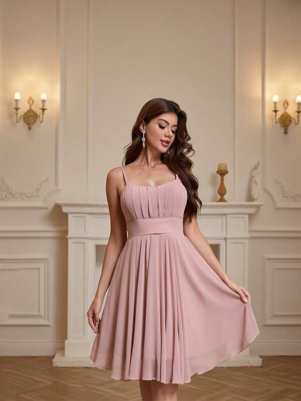 YUMIBRAVO Abito da donna con busto arricciato, abito da damigella d'onore elegante rosa, abiti da sera da donna, abito da festa di Natale con spalline a spaghetti, abito da invitato al matrimonio, abiti da sposa da donna, abiti rossi da donna