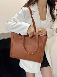 Minimalist Versatile Large Capacity Shoulder Bag, Casual Shopping Tote - Brown - View 10