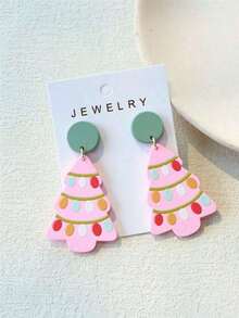 1 Pair Acrylic Christmas Tree Earrings, Pink Christmas Tree Print And Colorful Lights, Ceramic Texture, Elegant For Christmas Parties Christmas Decorations Home Christmas Gifts Christmas Decor - Multicolor - View 8