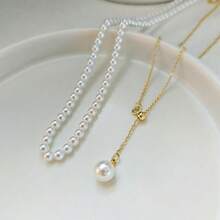 Luxval Lariat Gold Necklace For Women, Dainty Long Necklace 14k Gold Plated/Silver Y-Shaped Pendant Necklaces  Beaded Chain Drop Necklaces Jewelry For Women Gifts{"Color_name":"Gold-AdjustablePearl"} - 金色可調式珍珠 - 查看 8