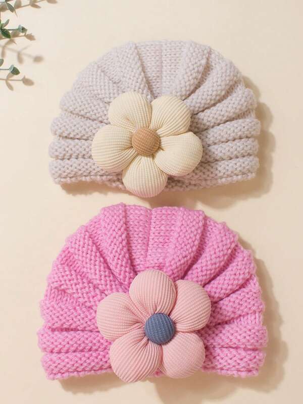 2 peças de chapéus de tricô com flores de 5 pétalas para bebês, adequados para uso diário