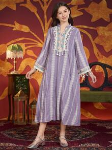 Tween Girl Embroidered Tassel Dress, Purple - Purple - View 4