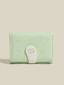 Cute Cat Print Card Holder Coin Purse, PU Short Tri-Fold Coin Wallet, Fresh Color Meaning Well, Snap Button Card Holder - one-size - View 6