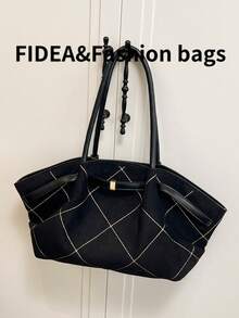 1 pieza Bolso de mano de gran capacidad para mujer, de cuero de PU de color rojo burdeos, con decoración de cinturón, material de PU, bolso de hombro tipo tote, estilo retro minimalista y elegante, adecuado para compras, ir al trabajo y uso diario de las mujeres - Negro - Ver 7