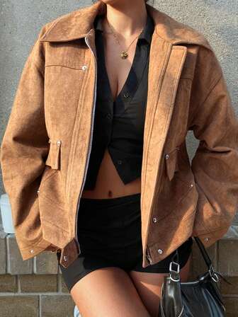 SOLTRB 女式复古时尚休闲百搭通勤现代纯色口袋拉链前夹克，日常休闲