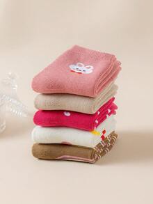 5 Pairs Girls' Crew Socks, Pink, White, Red, Coffee, Yellow, Color Block, Cartoon Rabbit & Dog, Striped Pattern, Soft & Warm, Thick, Simple Style, Cute, Fashionable, Versatile, Suitable For Daily Wear, Autumn/Winter - Multicolor - View 9