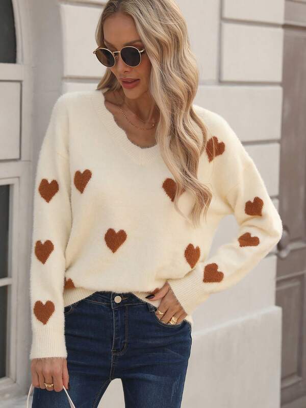 Maglione lento con motivo a cuori per donna, maglieria a maniche lunghe con scollo a V, pullover lavorato a maglia, casual per l'autunno e l'inverno, tessuto comodo e stretch per un uso quotidiano rilassato