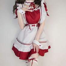 1pc Cute & Sweet Minimalist Innocent Moe-Style Maid Cafe Costume: Ruffle Trim Satin Waist Dress Skirt + Bow Tie Apron + Headband, Suitable For Anime Convention Cosplay, Photoshoot - Multicolor - View 2