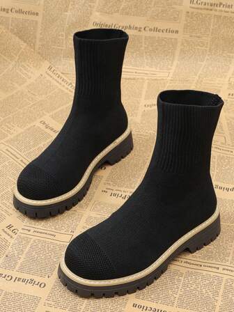 Brown Boots Women, Slip-On Sports Style, British Fashion, Black Versatile Knit Elastic Skinny Boots, High Heel Short Boots, Platform Women Shoes