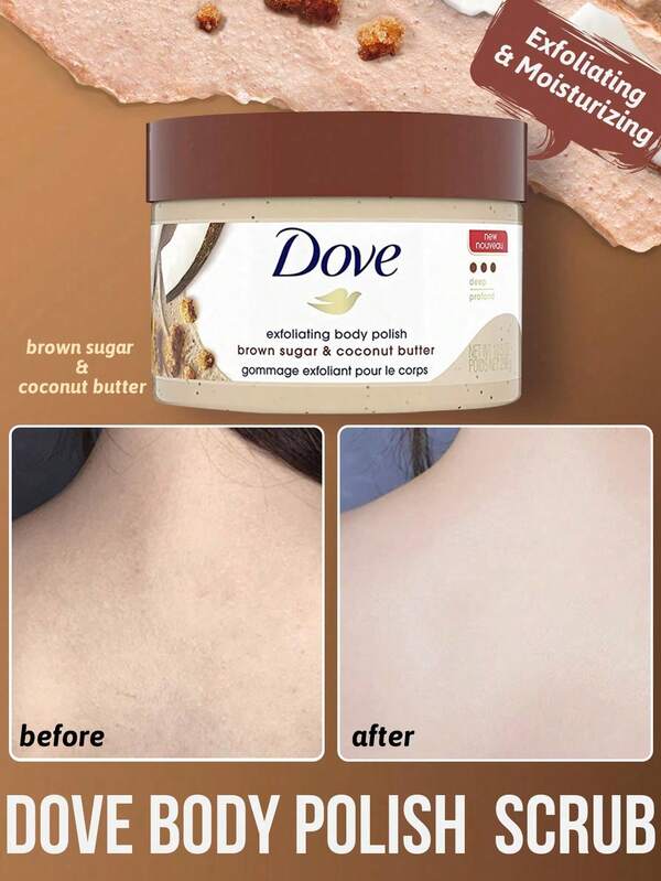 Dove Scrub corpo DOVE, esfoliazione delicata, pulizia profonda, schiarisce il tono della pelle, leviga la texture della pelle, migliora la ruvidità, contiene zucchero di canna e olio di cocco, particelle esfolianti naturali, 1/4 in più di ingredienti idratanti