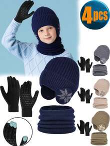 4pcs Winter Knitted Beanie Hat, Scarf & Touch Screen Gloves Set, Warm Lined Skull Cap Neck Warmer For Boys & Girls - Multicolor - View 11