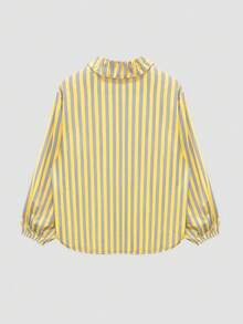 New Stylish & Elegant Striped Woven Fabric Ruffle Hem Button-Up Shirt, Suitable For Holiday, Daily Wear, Travel, All Seasons Spring - Yellow - View 5