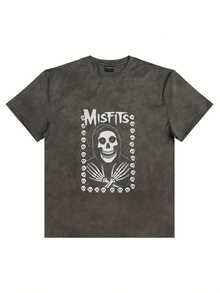 MISFITS Skull Graphic T-Shirt - Red Marbled Tie-Dye Textured Crew Neck Short Sleeve Tee, Stylized Grim Reaper Skull Design With Smaller Skulls Border, White Bold Font Above - Perfect For Rock Fans, Casual Summer Breathable Top- Fall Graphic T-Shirt Women's Halloween Animal Print Casual T-Shirt For Fall Outfit - 深灰色 - 查看 1