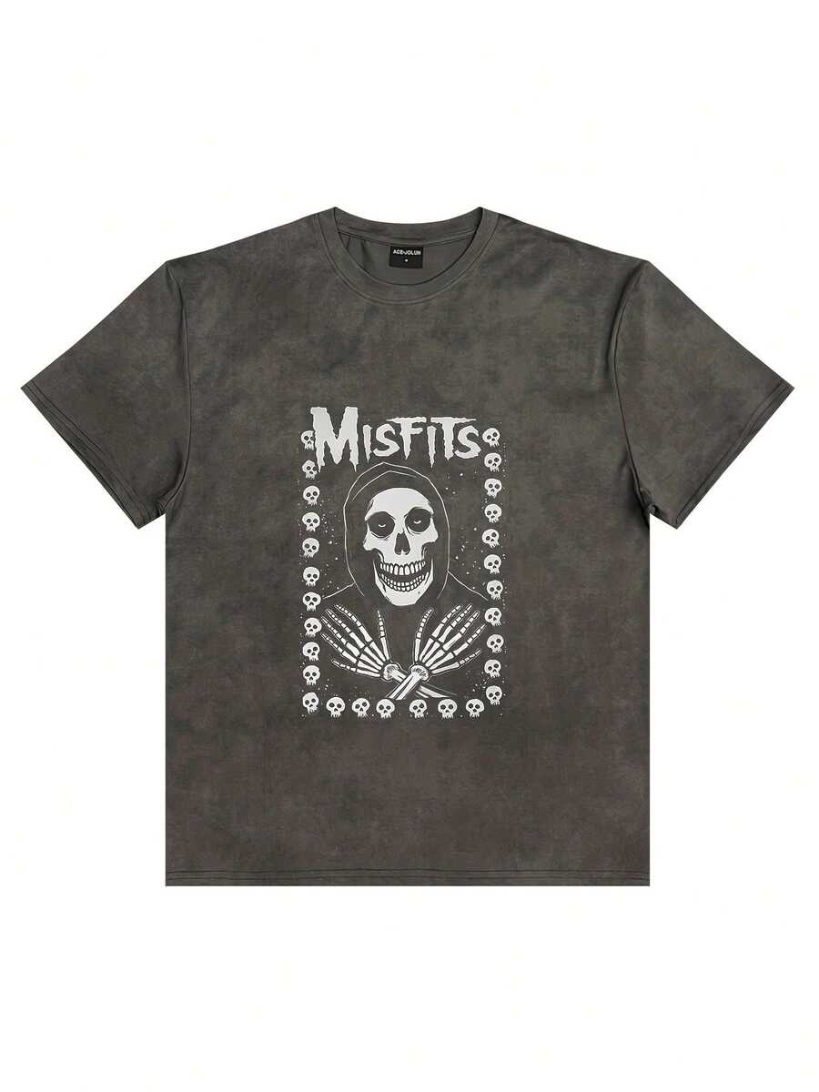 MISFITS Skull Graphic T-Shirt - Red Marbled Tie-Dye Textured Crew Neck Short Sleeve Tee, Stylized Grim Reaper Skull Design With Smaller Skulls Border, White Bold Font Above - Perfect For Rock Fans, Casual Summer Breathable Top- Fall Graphic T-Shirt Women's Halloween Animal Print Casual T-Shirt For Fall Outfit - 深灰色 - 查看 1