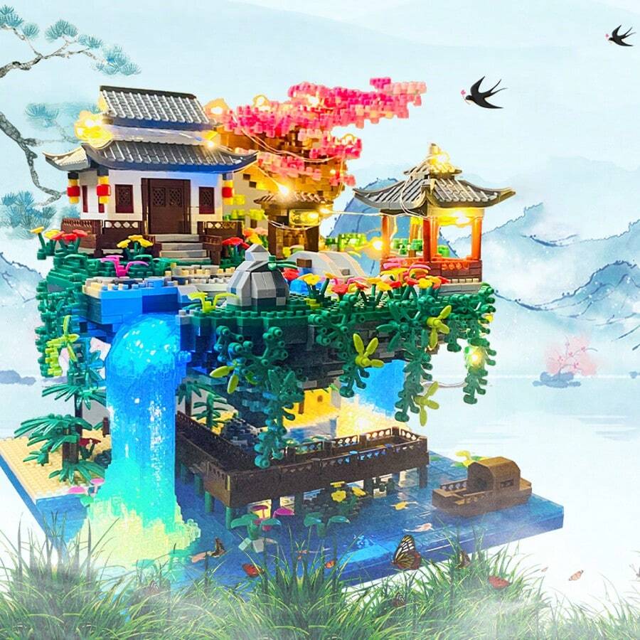 1682pcs Peach Blossom Lake Building Blocks Set, Made Of ABS Plastic, Perfect Gift For Birthday, Christmas, Halloween, New Year - Color - View 1