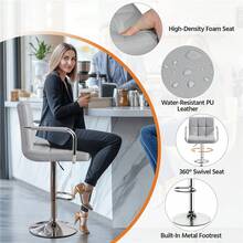 Butterslay 1pc Modern Swivel PU Leather Bar Stool, Adjustable Dining Stool With Footrest & Handrest, Counter Stool For Kitchen, Living Room, Guest Room, Black/Light Gray/White - 淺灰色 - 查看 3