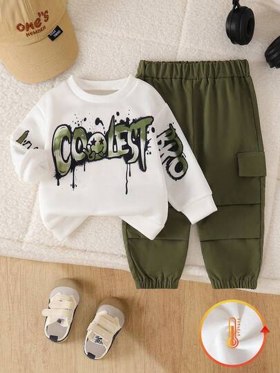 Conjunto de 2 piezas para bebé niño con top de manga larga con cuello redondo y estampado de letras + pantalones cargo casuales con bolsillo falso