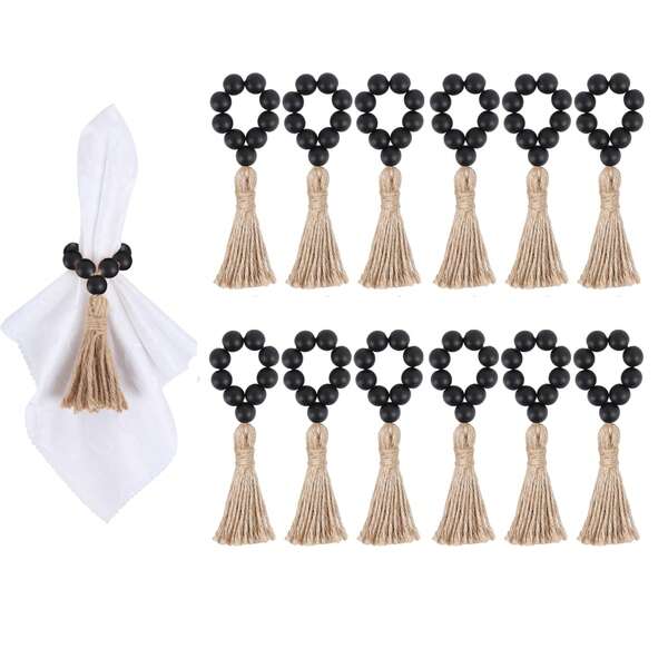 12pcs Handmade Wooden Bead Napkin Rings, Natural Wood Beads & Tassels Napkin Rings, Wooden Napkin Rings, Wedding Table Decor Rings