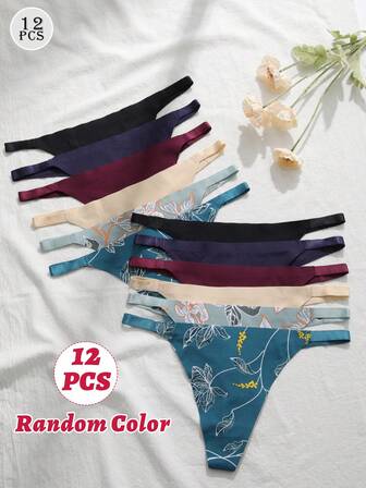 12 Pack Random Color Seamless Thongs For Women No Show G-String Panties Breathable Stretchable Printed Underwear