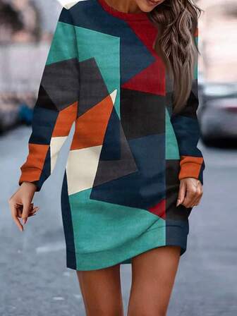 Artistic Geometric Color Block Design Round Neck Dress, Elegant Professional Business Dress For Women, Autumn/Winter