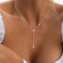 Luxval Lariat Gold Necklace For Women, Dainty Long Necklace 14k Gold Plated/Silver Y-Shaped Pendant Necklaces  Beaded Chain Drop Necklaces Jewelry For Women Gifts{"Color_name":"Gold-YCZNecklace"} - 黃金-YCZ項鍊 - 查看 5