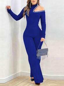 黑色优雅性感珍珠露肩长袖连体裤，适合日常约会、派对、单身聚会和春季穿着。可机洗涤纶混纺面料。 - 寶藍色 - 查看 4
