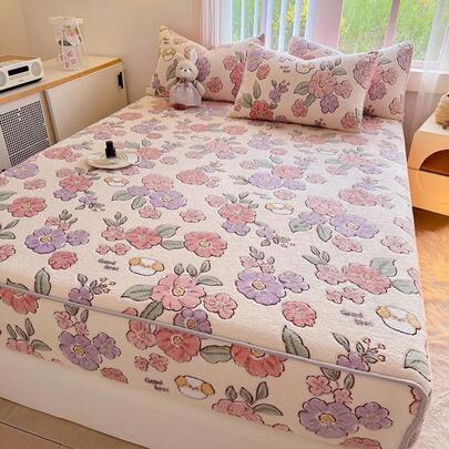 スノーフレークベルベットベッドシートシングルピースプラスベルベットマットレスカバーベッドカバー冬ミルクベルベットベッドシートセット肥厚暖かい滑り止め固定