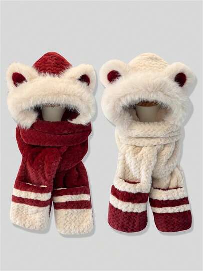 女士新款保暖帽围巾手套套装，可爱蓬松冬帽，户外骑行护耳帽，女士冬季服装