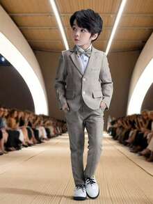 3pcs/Set Young Boy Plaid Suit Jacket, Pants And Necktie, Formal Wear For Parties, Weddings, School Performances, Autumn