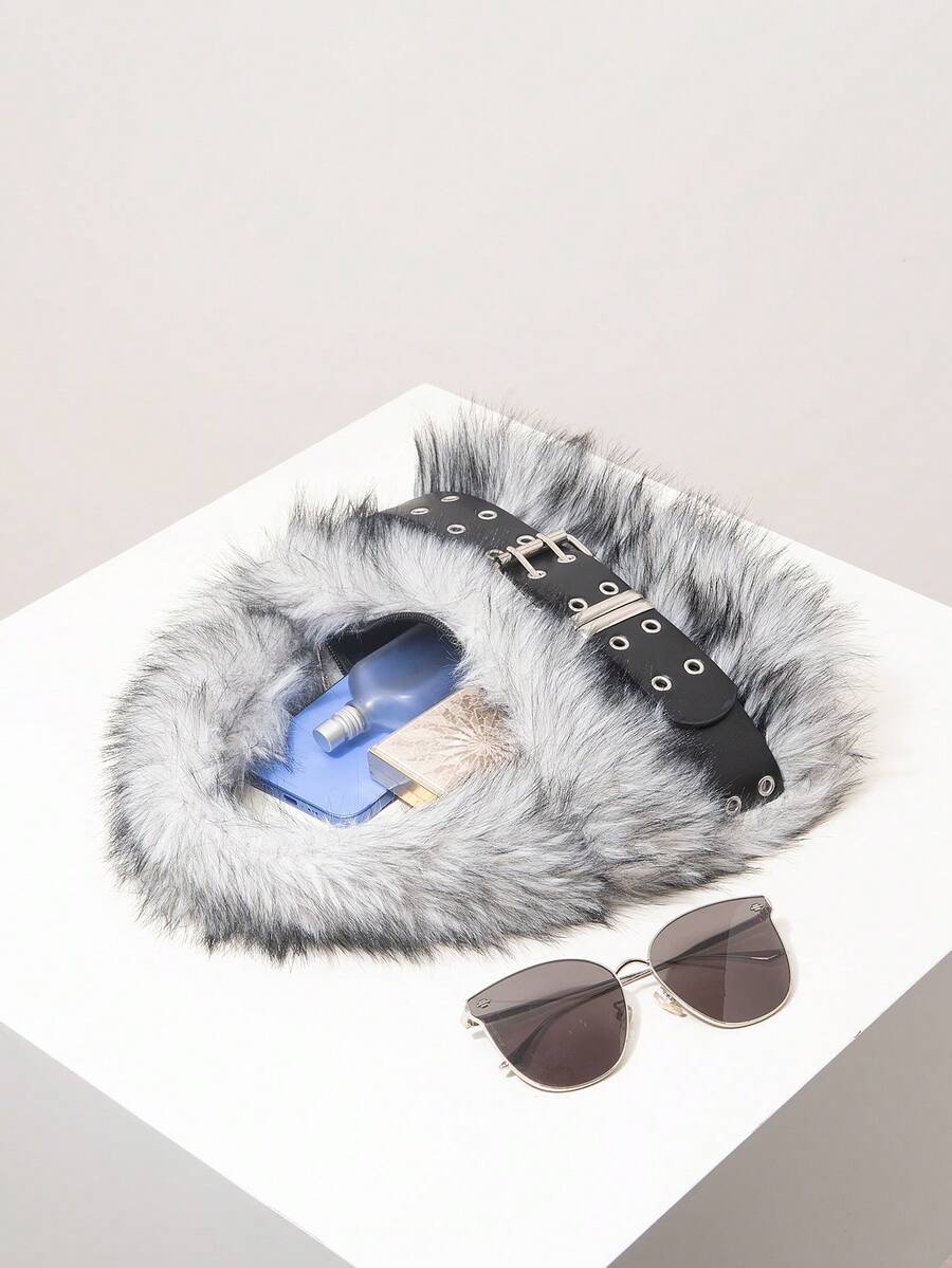 2000s Style Candy Color Plush Shoulder Bag, Fall Purse, Hobo Bag, Fur Purse, Y2K, Winter, Punk, Personalized, Cute, Daily, Shopping, Dating, Travel (Random Pattern) - Multicolor - View 1