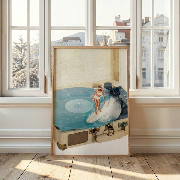 1pc Creative Ocean Boho Beach Wall Art Picture Vintage Turntable Surfing Girl Canvas Print Paintings|Retro Record Player Coastal Decor For Bedroom,Living Room Or Office Home Decor,Creative Collage Style Surfing Theme Poster,Gift For Her,Unframed Or Framed